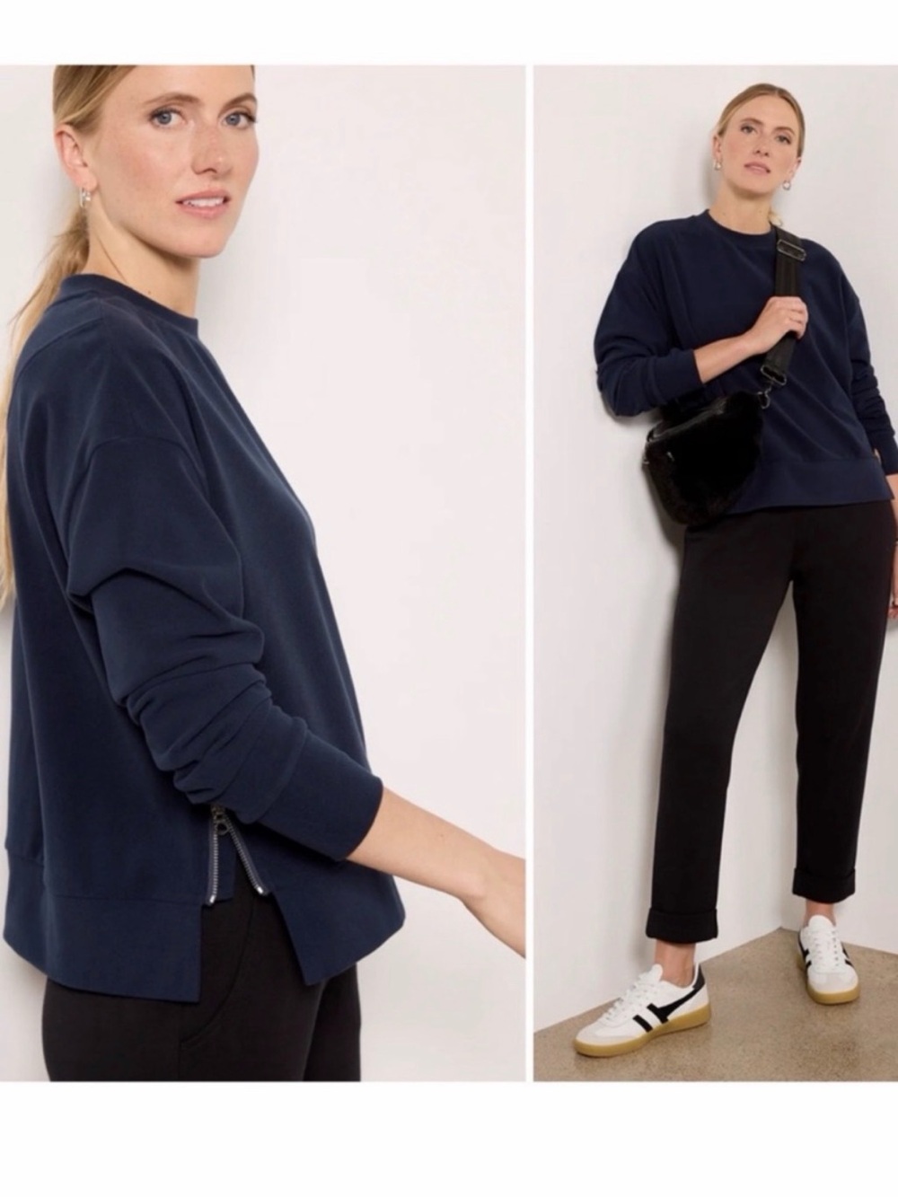 Varley Horton Side Zip Midlayer Navy Blue Brushed Rib Pullover Sweatshirt M
